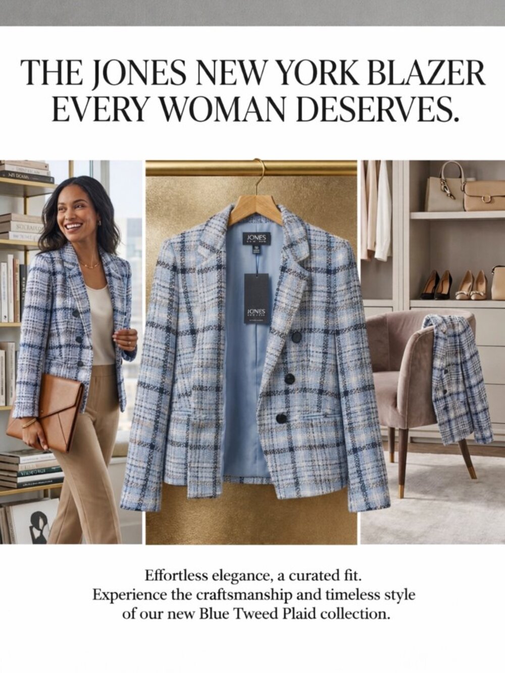 Jones New York Plaid Tweed Blazer NWT Petite Small Blue Jacket Open Front - Picture 4 of 13